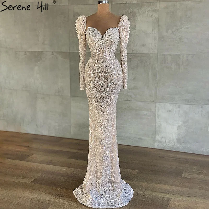 Evening dress with cape-Serene Hill Muslim Beige Mermaid Evening Dresses Gowns 2024 Luxury Sparkle Elegant Puffy Sleeves Formal Dress LA71040