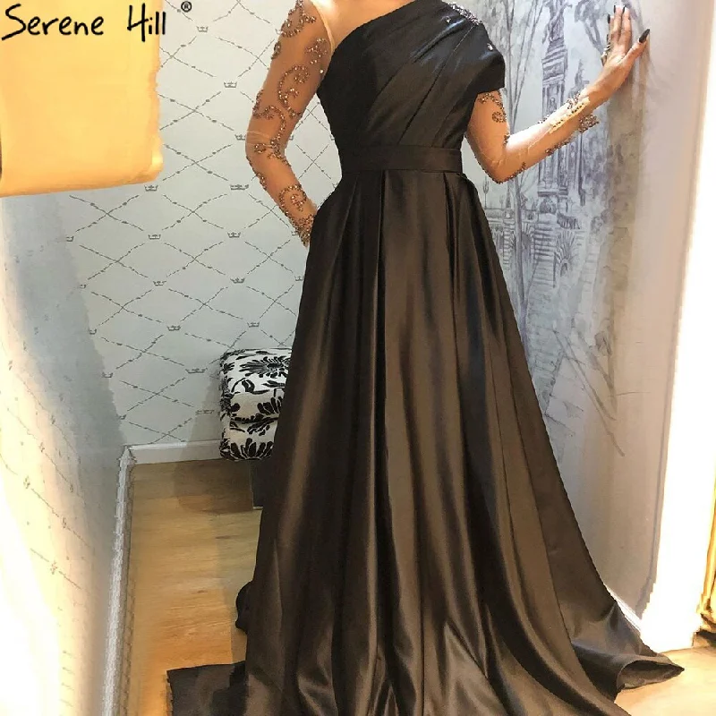 Evening dress with chiffon-Serene Hill Muslim Black A-Line Evening Dresses Gowns 2024 Satin Beading Luxury For Woman Party LA71074