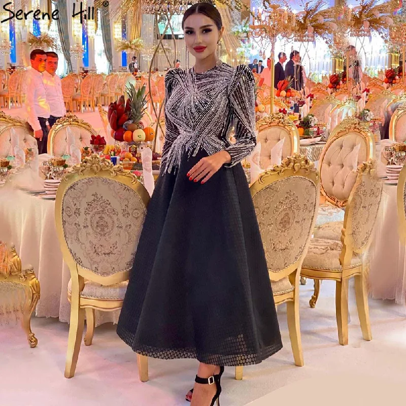 Evening dress with glitter-Serene Hill Muslim Black A-Line Luxury Beaded Ankle Length Evening Dresses Gowns 2023 For Women Party LA71290