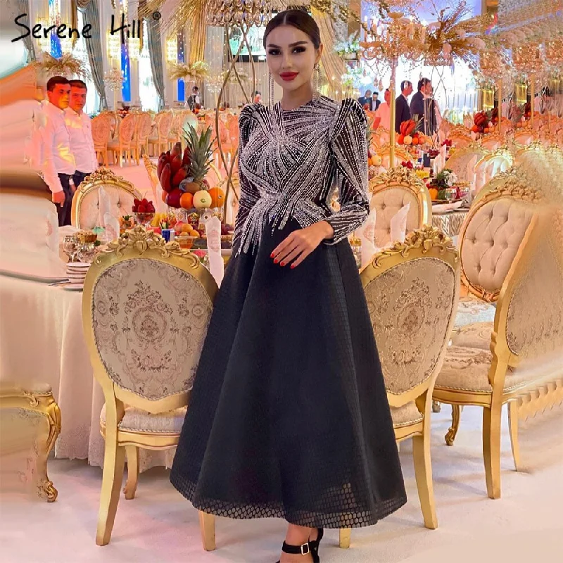 Evening dress with crochet details-Serene Hill Muslim Black Evening Dresses Gowns 2023 A-Line Beaded Ankle-Length For Women Party LA71290