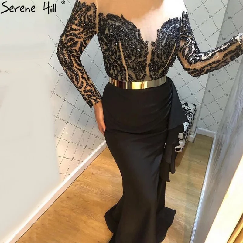 Evening dress with crystals-Serene Hill Muslim Black Mermaid Evening Dresses Gowns 2024 Satin Elegant Beaded For Women Party LA71219