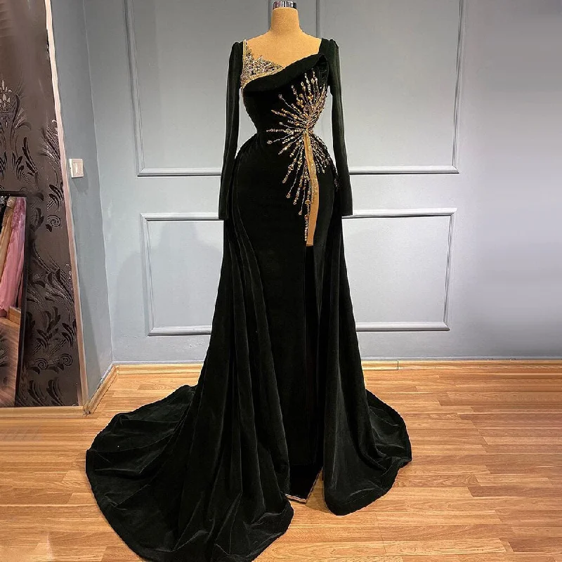 Evening dress with double straps-Serene Hill Muslim Black Mermaid Evening Dresses Gowns 2024 Velour Overskirt Elegant Luxury For Women Party LA71513