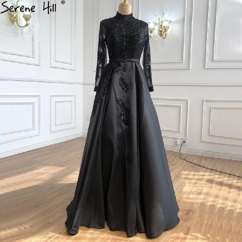 Evening dress with puff sleeves-Serene Hill Muslim Black Satin Luxury Evening Dresses Gowns 2024 Beading A-Line For  Women Party LA70919