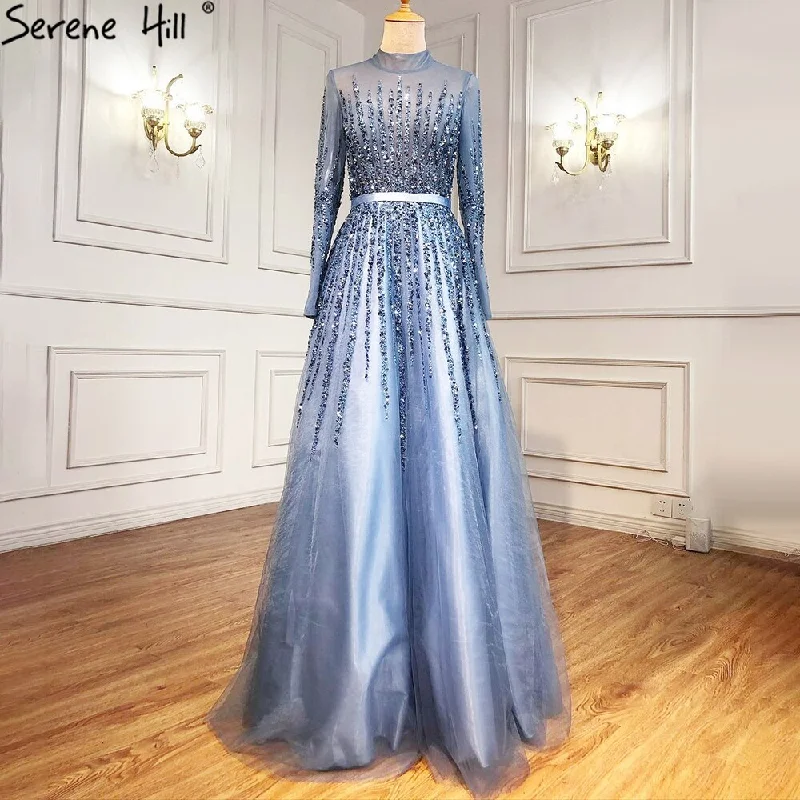 Evening dress with fishtail-Serene Hill Muslim Blue Luxury Beaded Crystal A-Line Evening Dresses Gowns 2024 Luxury Beaded Crystal For Women Party LA70927H