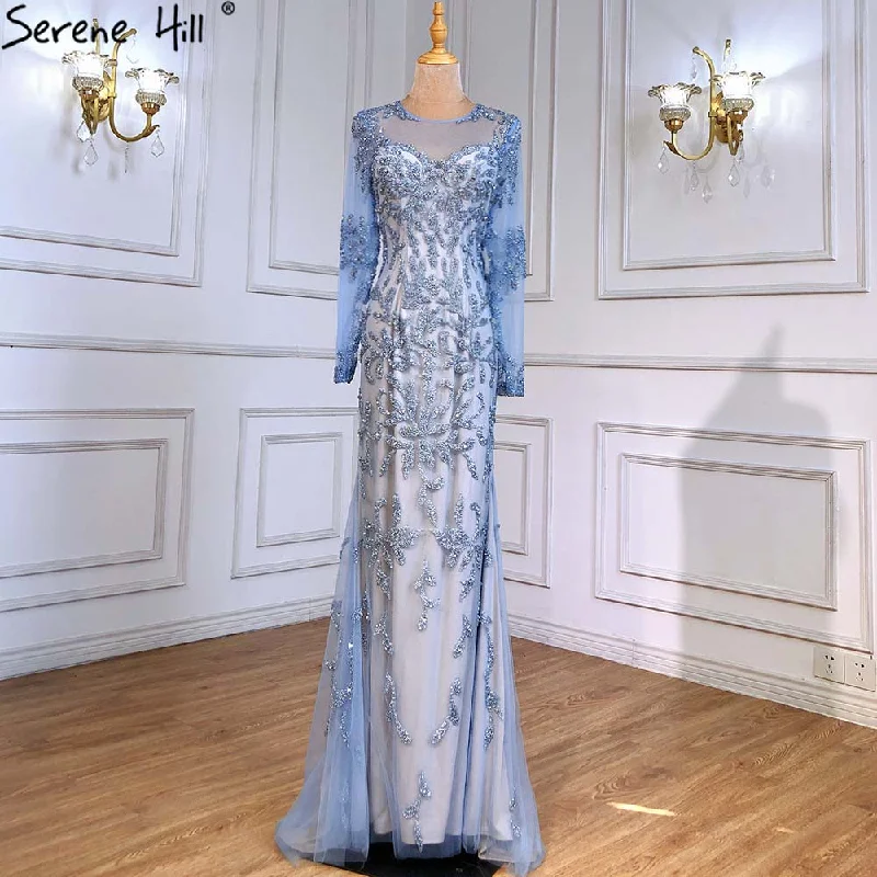 Two-piece evening dress-Serene Hill Muslim Blue Mermaid Evening Dresses Gowns 2024 Luxury Elegant Beaded For Women Party LA71479