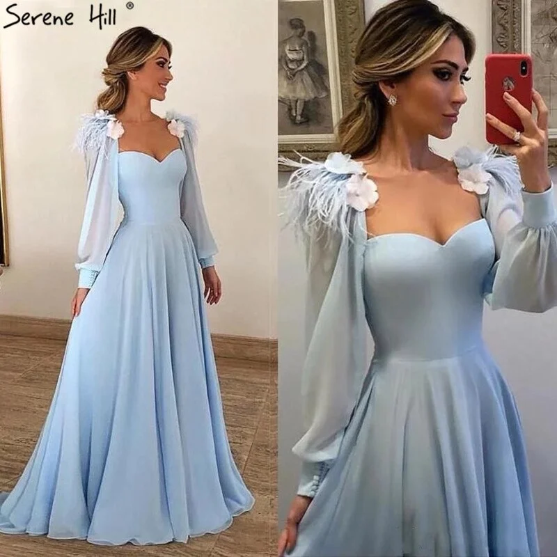 Evening dress with fringe-Serene Hill Muslim Blue Simple Evening Dresses Gowns 2024 Chiffon Ostrich Feather A-Line For Women Party HA2217