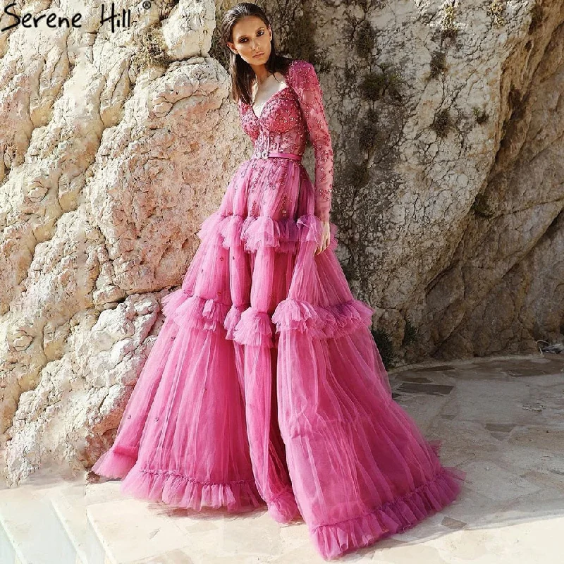 Evening dress with illusion sleeves-Serene Hill Muslim Fuschia Luxury Evening Dresses Gowns 2024 A-Line Beaded Tiered For Women Party LA70986