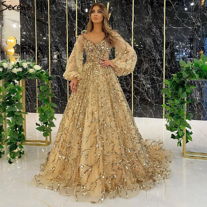 Evening dress for winter-Serene Hill Muslim Gold Luxury A-Line Evening Dreses Gowns 2024 Puff Sleeves Beaded Sexy Formal Woman Party LA71049