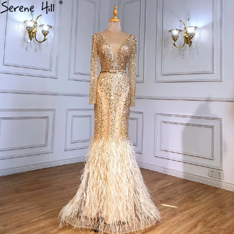 Red evening dress-Serene Hill Muslim Gold Mermaid Evening Dresses Gowns 2024 Luxury Elegant Beaded Feathers For Women Party LA71475