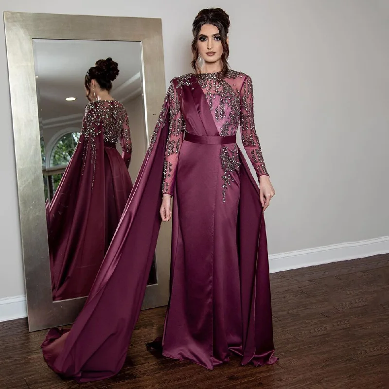 Evening dress with flared skirt-Serene Hill Muslim Grape Purple Luxury Evening Dresses Gowns 2024 High Split Satin For Women Party LA71456