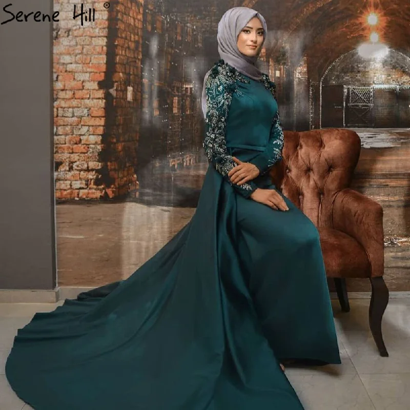 Evening dress with satin-Serene Hill Muslim Green Detachable Skirt Evening Dresses Gowns 2024 Beading Elegant For Women Wedding Party LA71057