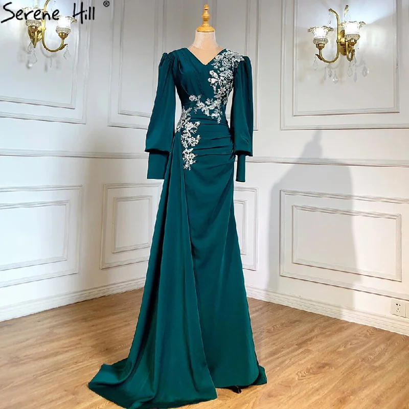 Evening dress with crochet details-Serene Hill Muslim Green Mermaid Overskirt Evening Dresses Gowns 2024 Elegant Luxury Beaded Satin For Women Party LA71491