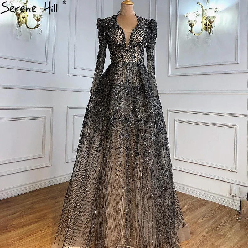 Evening dress with V-neck-Serene Hill Muslim Grey Elegant Evening Dresses Long 2024 A-Line Beaded Wedding Party Gowns For Woman LA71126