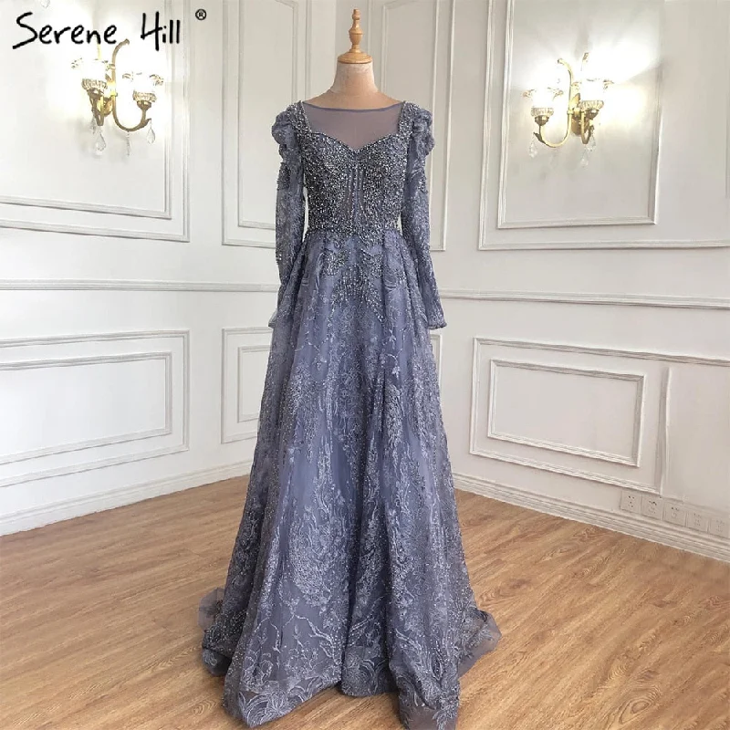 Evening dress with beaded details-Serene Hill Muslim Luxury Blue Evening Dresses Gowns A-Line Beaded Lace 2024 For Women Party LA71312