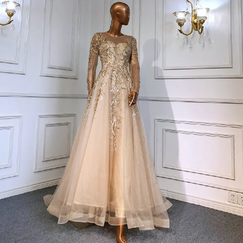 Evening dress with tulle-Serene Hill Muslim Luxury Gold Evening Dresses Gowns 2024 Beaded Sparkle A-Line For Women Party  LA71605