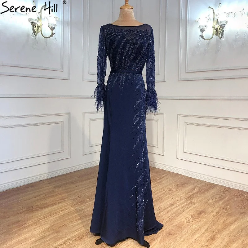 Evening dress with high neckline-Serene Hill Muslim Navy Blue Meramaid Evening Dresses Gowns 2024 Luxury Elegant Beaded Feather For Women Party LA70978A