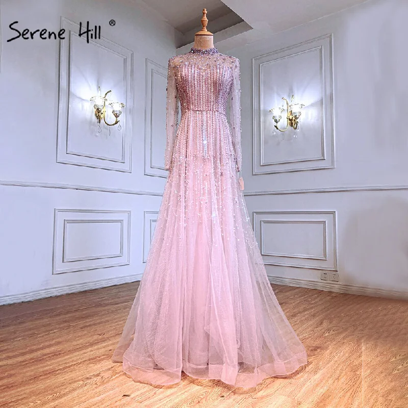 Evening dress with beaded bodice-Serene Hill Muslim  Pink A-Line Evening Dresses Gowns 2024 Luxury Beaded Crystal For Women Party LA71227A