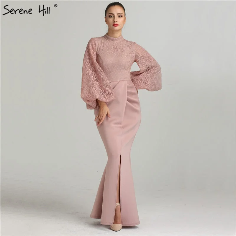 Evening dress with bow-On Sale No Return No Refund Sale Serene Hill Muslim Pink Mermaid Lantern Sleeves Evening Dresses Gowns 2024 Split Elegant For Woman Party QA8002