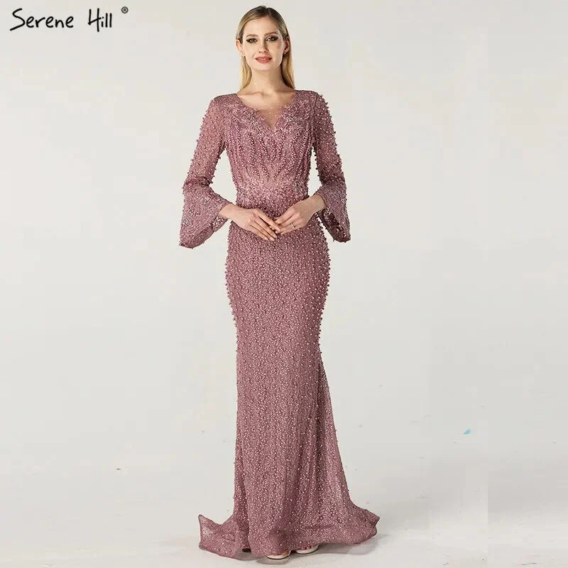 Evening dress with illusion skirt-On Sale No Return No Refund Serene Hill Muslim Pink Mermaid Luxury Lace Beaded Pearls Long Sleeves Evening Dress Formal Party Gown 2024 Plus Size LA60813