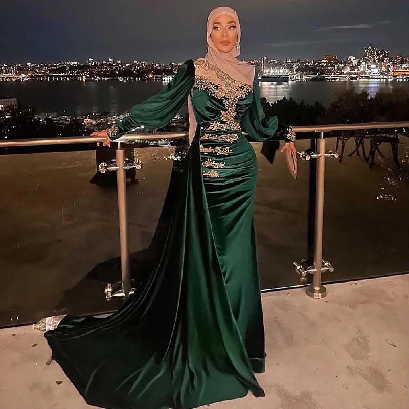 Evening dress with asymmetrical hem-Serene Hill Muslim Satin Green Mermaid Evening Dresses Gowns 2024 Beaded Elegant Overskirt For Women Party LA71532