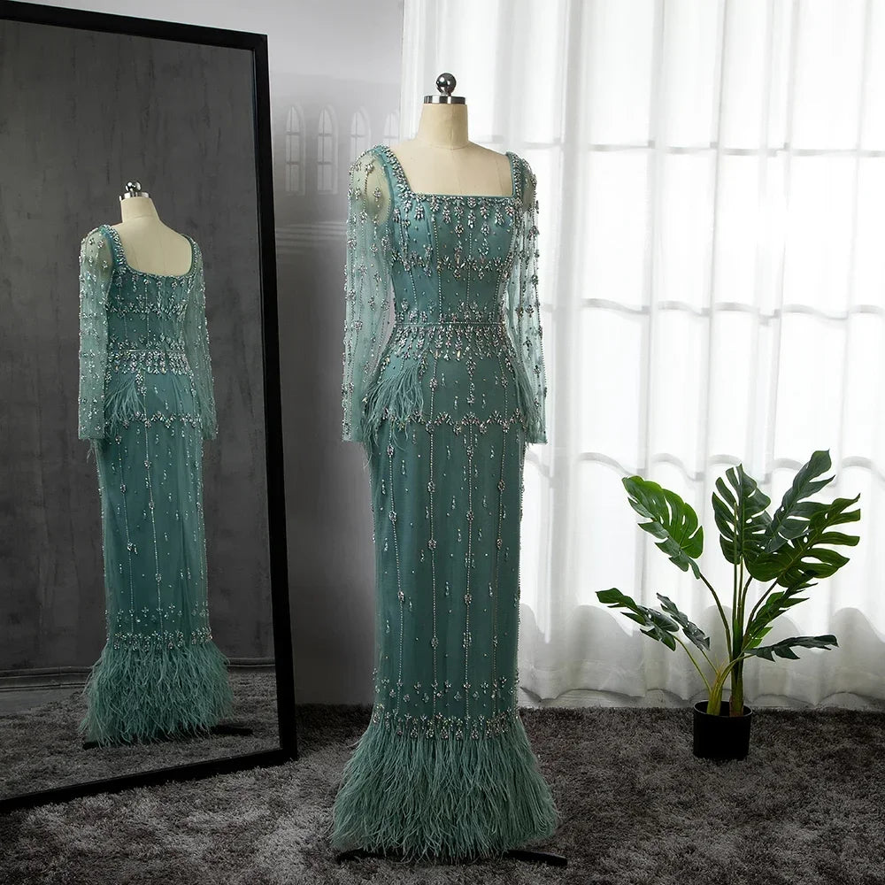 Plus size evening dress-Serene Hill Muslim Turquoise Mermaid Elegant Evening Dresses Gowns 2024 Luxury Beaded Feather for Women Party LA71722