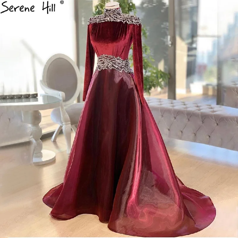 Evening dress with illusion skirt-Serene Hill Muslim Wine Red Evening Dresses Gowns 2024 Velour Beaded A-Line For Women Wedding Party LA71431