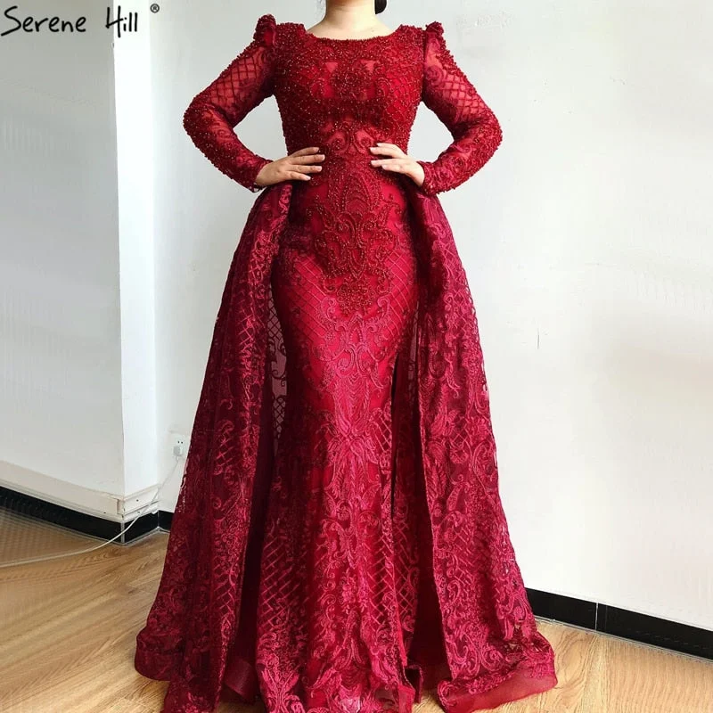 Evening dress with cape-Serene Hill Muslim Wine Red Mermaid Elegant O Neck Luxury Beaded Evening Dresses Gowns 2024 For Woman Plus Size LA70406