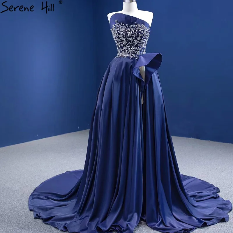 Evening dress with empire waist-Serene Hill Navy Blue A-Line High Split vening Dresses Gowns 2024 Beaded Satin Sexy For Women Party HM67374