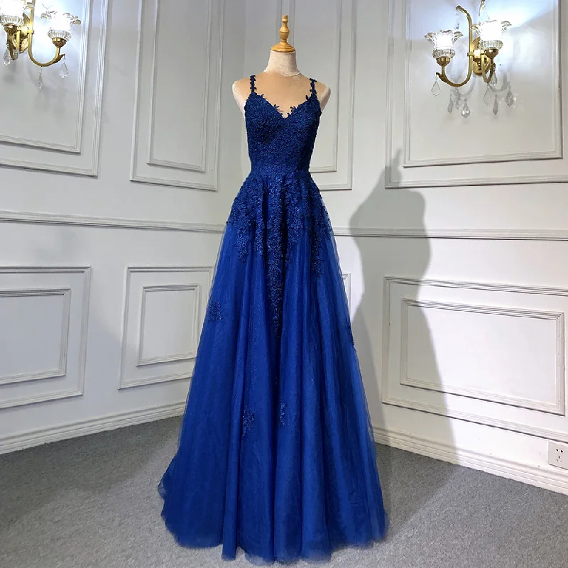 Evening dress with lace-up back-Serene Hill Navy Blue Mermaid Elegant Spaghetti Strap Evening Dresses Gowns 2024 Backless Lace Up For Women Party LA71641