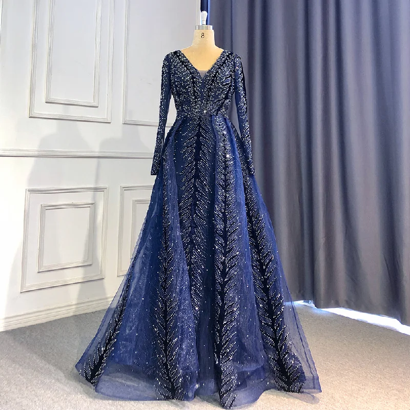 Evening dress with fringe-Serene Hill Navy Blue Velvet Muslim Mermaid Elegant Evening Dresses Beaded Long Sleeves With Skirt Not Removable 2024 LA71691