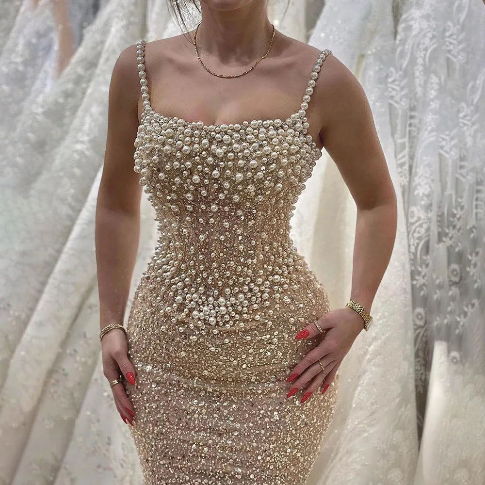 Champagne evening dress-Serene Hill Nude Mermaid Evening Gown - Elegant, Luxurious, Pearls Beaded. Perfect for Women's Wedding Party in 2024. LA72321