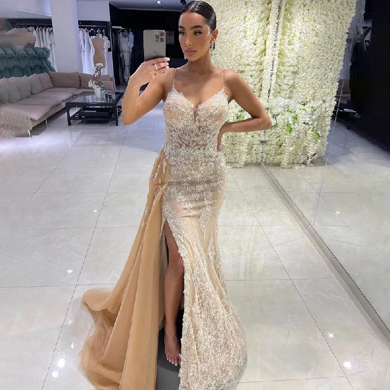 Evening dress with satin-Serene Hill Nude Spaghetti Strap Luxury Evening Dresses Gowns 2022 Mermaid Beaded Elegant Overskirt For Women Party LA71599