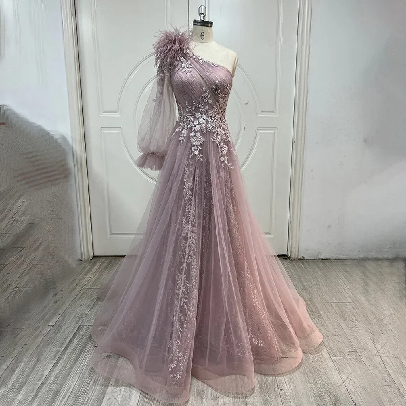 Metallic evening dress-Serene Hill Pink A-Line Split Luxury Evening Dresses Gowns 2024 Beaded Elegant Feathers One Shoulder For Women Party LA71689