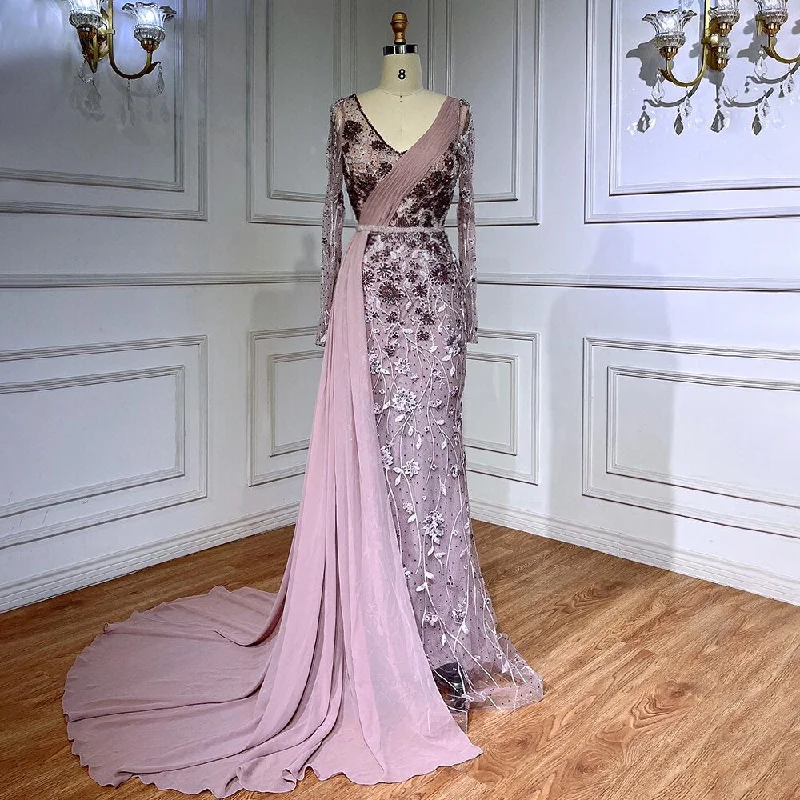 Evening dress with lace applique-Serene Hill Pink Elegant Mermaid Sexy With Overskirt Beaded Luxury Evening Dresses Gowns For Women Arabic Party 2024 LA71835