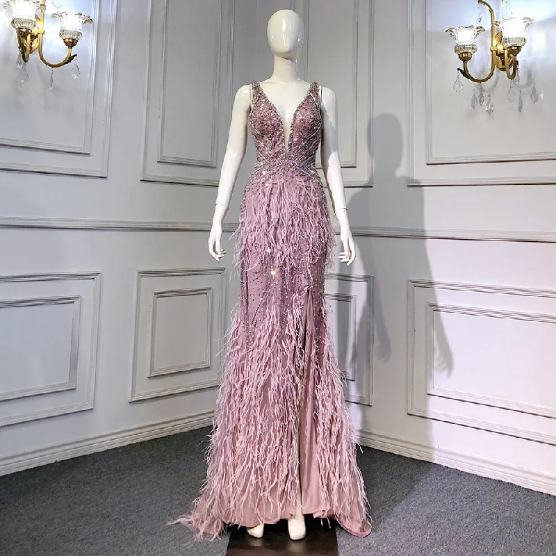 Formal evening dress-Serene Hill Pink High Split Mermaid Evening Dresses Gowns 2024 Backless Luxury Beaded Feather For Women Party LA71583