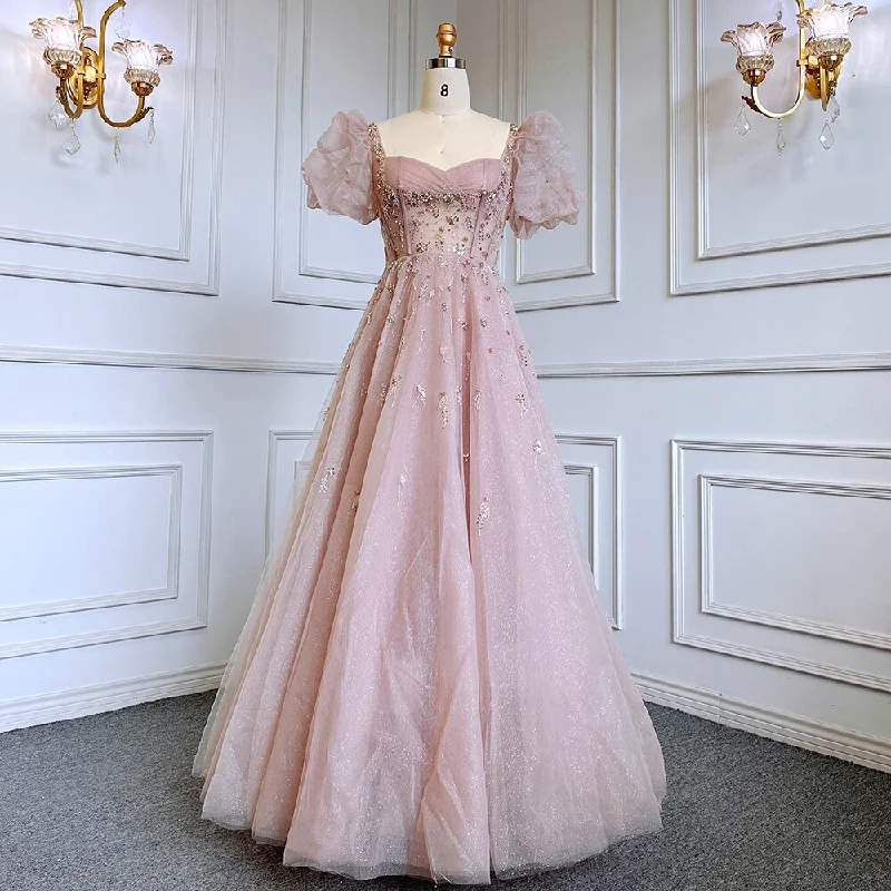 Evening dress with plunging neckline-Serene Hill Pink Luxury A Line Beaded Sexy Lace Up  Short Sleeves Evening Dresses Gowns 2024 For Women Party LA71773