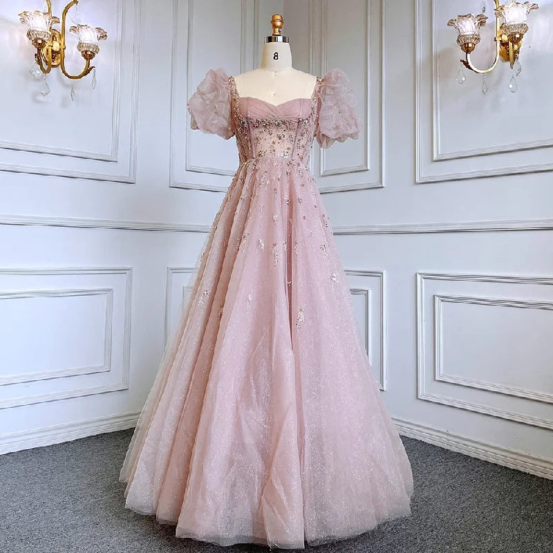 Formal evening dress-Serene Hill Pink Luxury A Line Beaded Sexy Lace Up  Short Sleeves Evening Dresses Gowns 2022 For Women Party LA71773