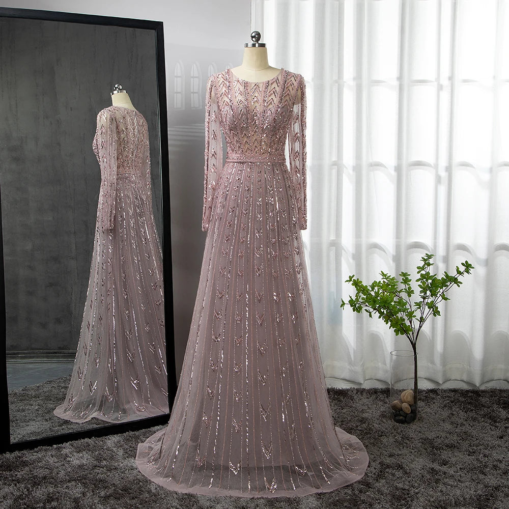 Evening dress with flared skirt-Serene Hill Pink Mermaid Elegant O-Neck Long SleevesEvening Dresses Gowns Luxury Beaded 2024 For Woman Party LA71696