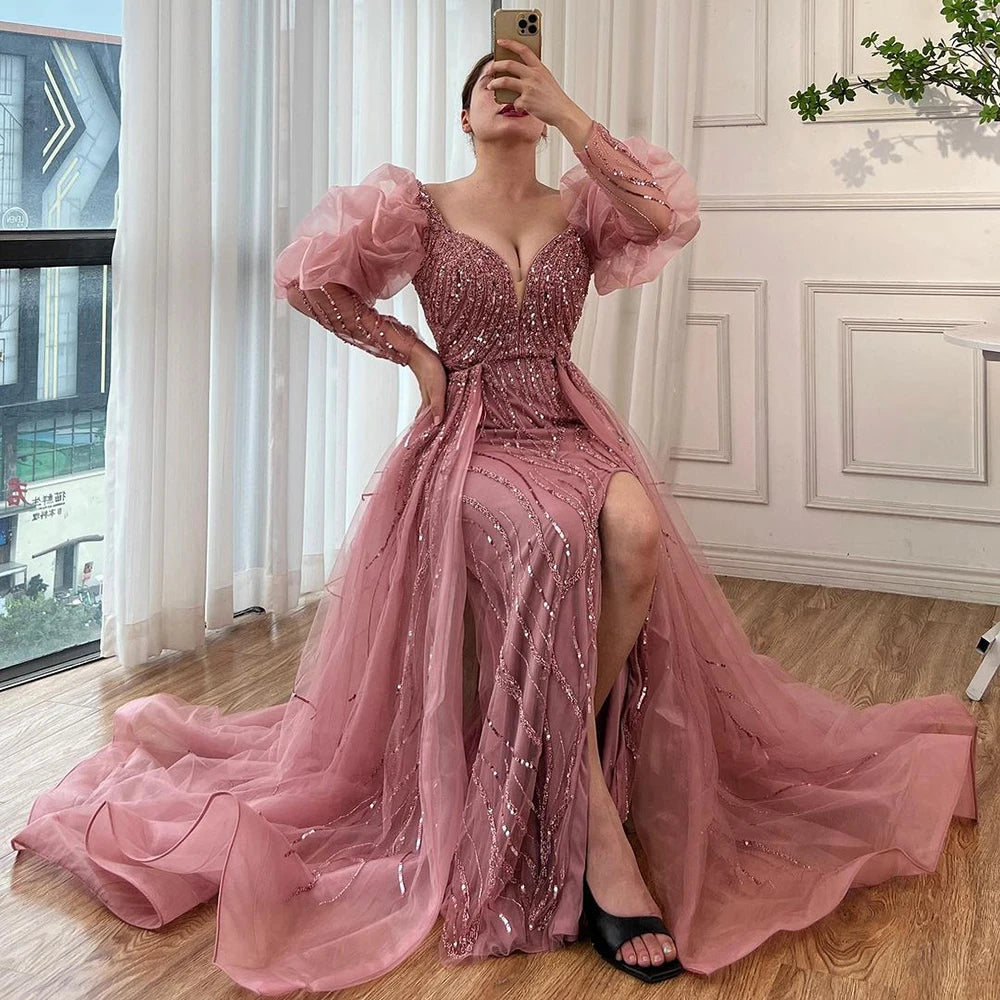 Classic evening dress-Serene Hill Pink Mermaid High Split Over Skirt Beaded Dubai Evening Dresses Gowns Long 2024 For Women Wedding Party LA71948