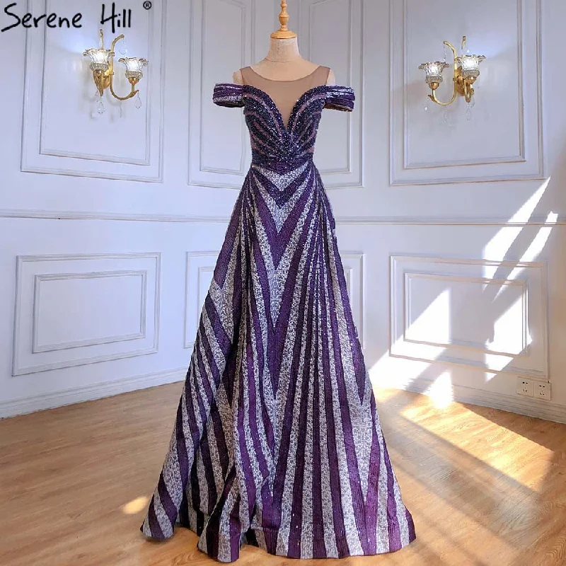 Evening dress with A-line-Serene Hill Purple Beaded Luxury Evening Dresses Gowns 2024 Long A-Line Sleeveless For Women Party LA71469