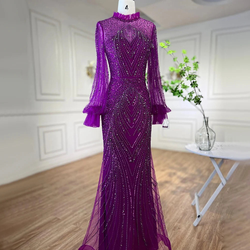 Evening dress with tiered layers-Serene Hill Purple Mermaid Elegant High Neck Evening Dresses Gowns 2024 Long Sleeves Beaded Luxury For Women Party LA71690