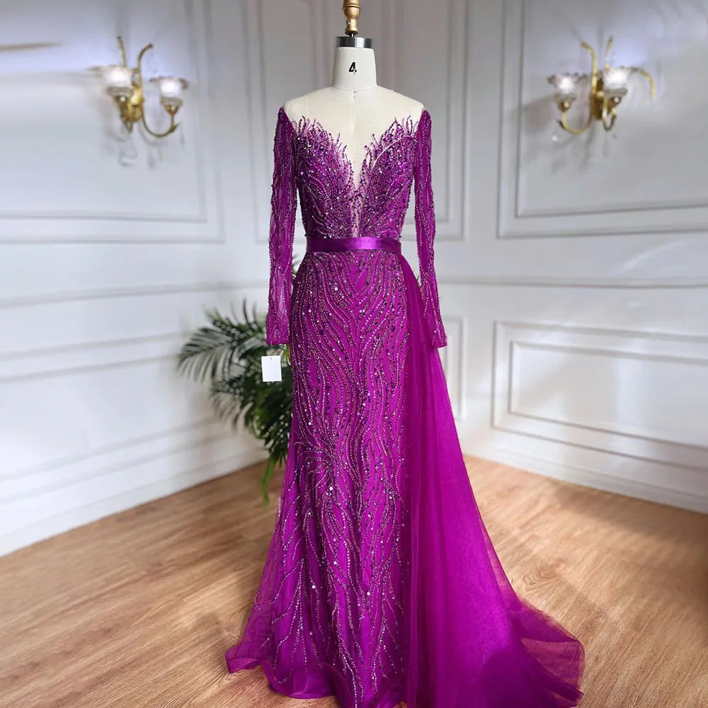 Evening dress with plunging neckline-Serene Hill Purple Mermaid Elegant With Skirt Lace Beaded Luxury Evening Dresses Gowns For Woman Wedding Party 2024 LA71752