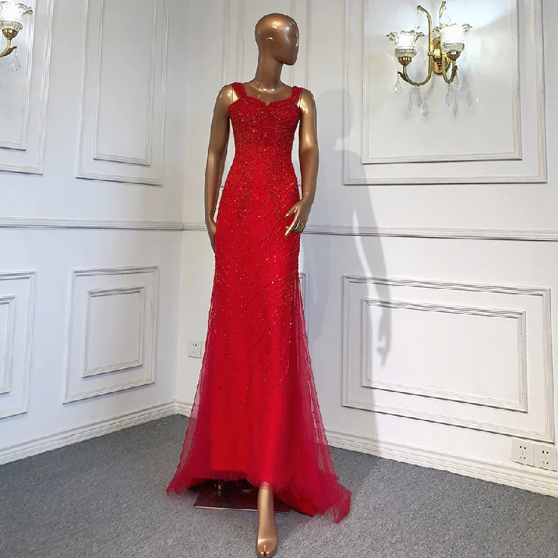 Evening dress with sleeves-Serene Hill Red Mermaid Luxury Evening Dresses Gowns 2024 Beaded Sexy Elegant For Women Party LA71613