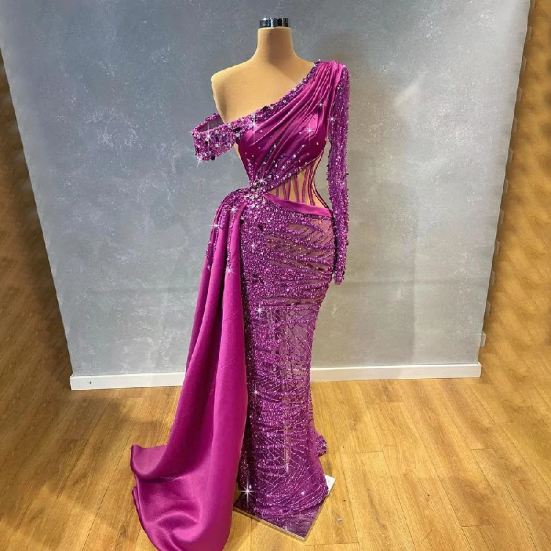 Evening dress with open back-Serene Hill Purple Cut Out Mermaid Sexy One Shoulder Long Sleeves Beaded Evening Dresses Gowns For Women Party 2024 LA71821