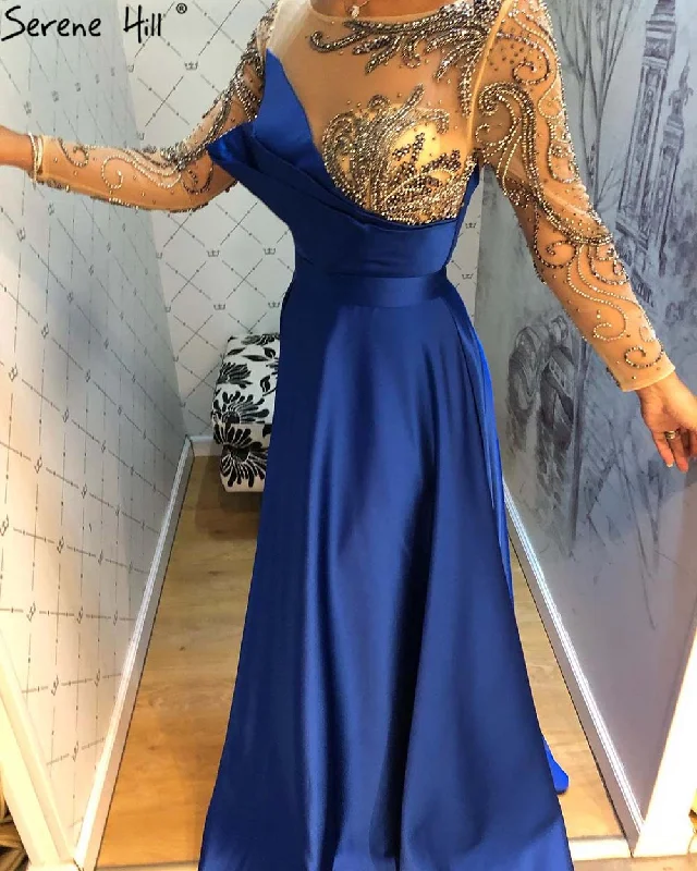 Evening dress with high neckline-Serene Hill Royal Blue Long Sleeve Satin Evening Dresses Gowns 2024 Beaded Sashes A-Line For Women Party LA71457