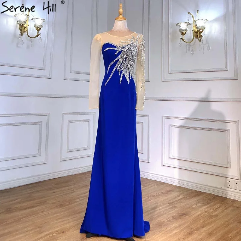 Evening dress with full skirt-Serene Hill Royal Blue Satin Evening Dresses Gowns 2024 Beaded Elegant Mermaid For Women Wedding Party LA71471