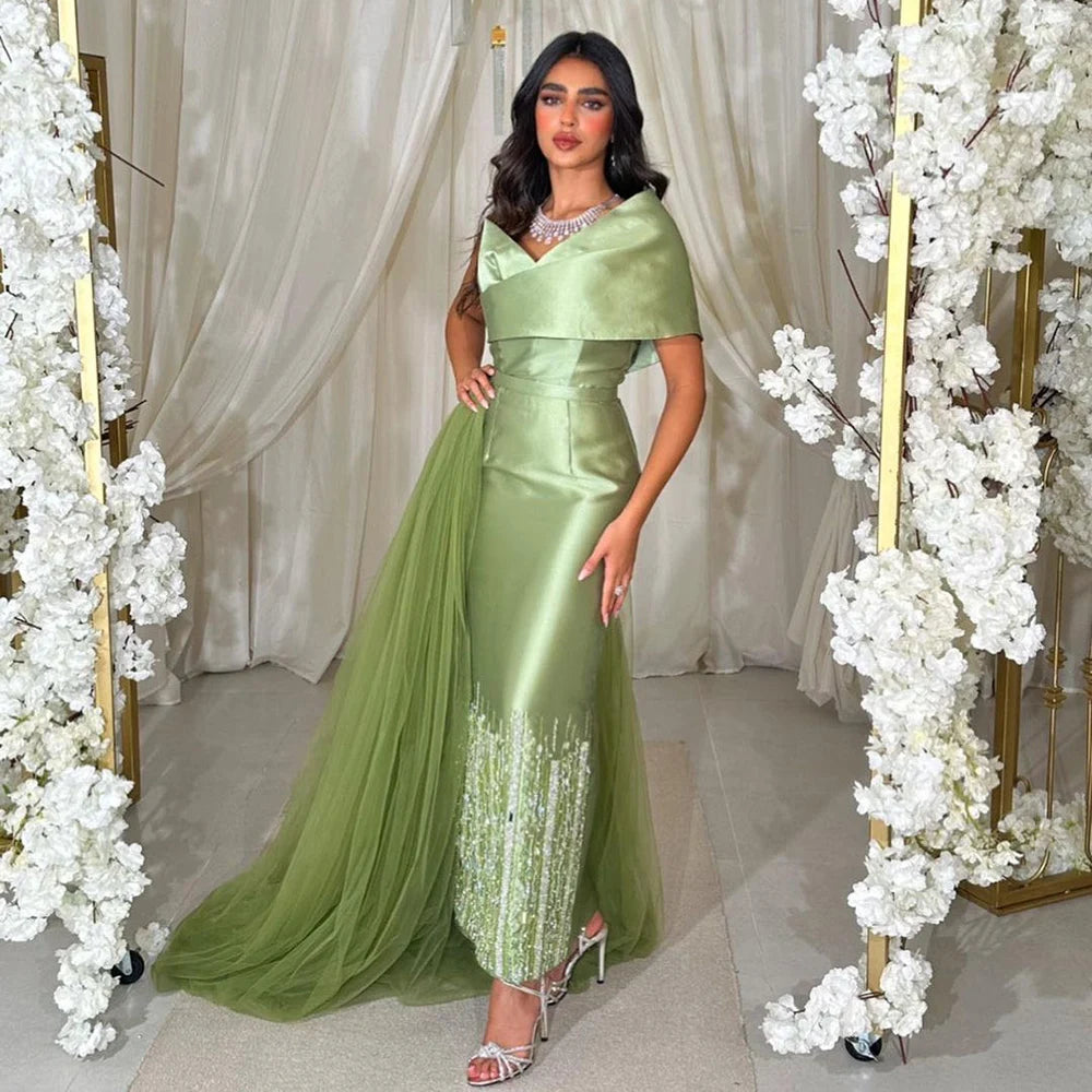 Evening dress with pleated skirt-Serene Hill Sage Green Satin One-Shoulder Beaded Mermaid Tea-Length Evening Gown for Women - Wedding Party 2024 LA72194