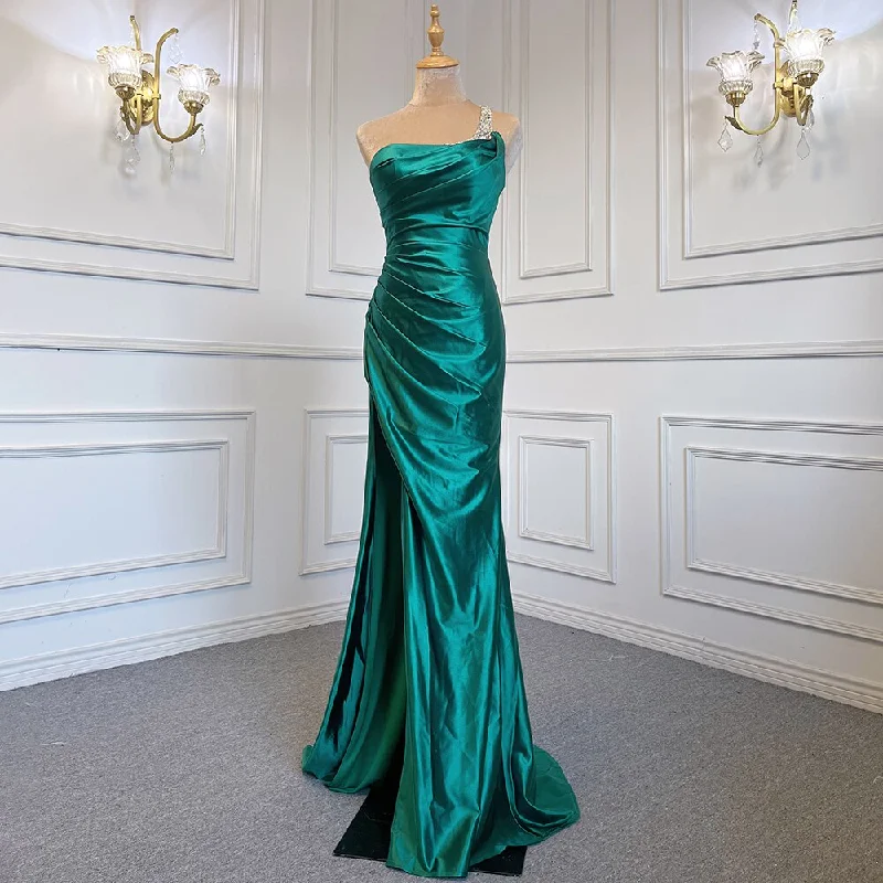 Red evening dress-Serene Hill Sexy Green One Shoulder Satin Arabic Evening Dresses Gowns Beaded Mermaid Elegant Luxury For Women Party LA71739