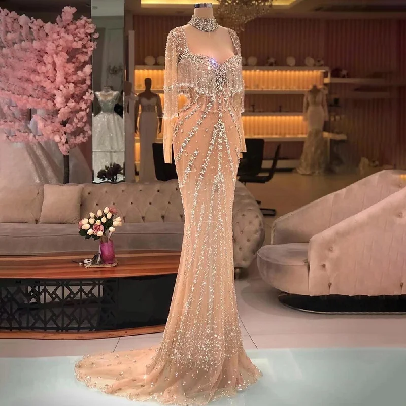 Evening dress with metallic finish-Serene Hill Sexy Sliver Nude Mermaid Elegant Arabic Full Sleeve Evening Dresses Gowns Luxury Tassel Beaded 2024  Party LA71716