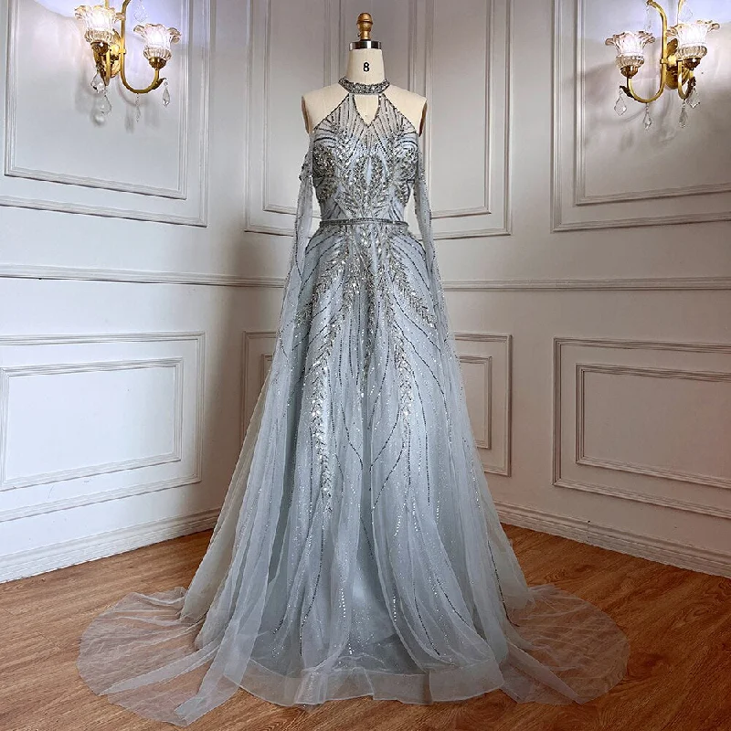 Evening dress with illusion sleeves-Serene Hill Silver Blue  A-Line Sexy Cape Sleeves Beaded Luxury Evening Dresses Gowns For Women Arabic Party 2024 LA71828